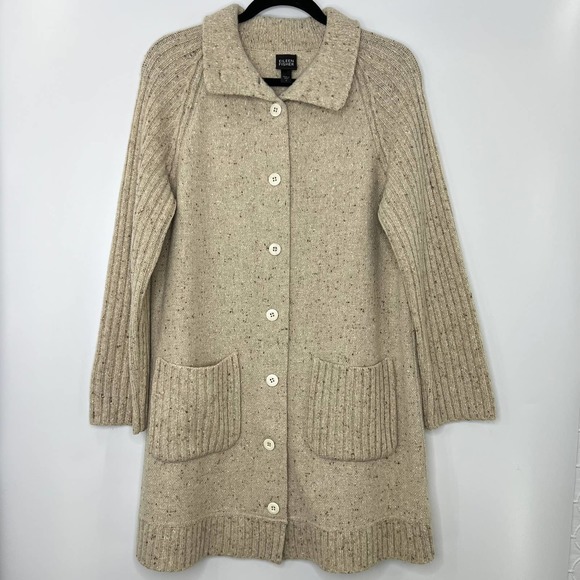 Eileen Fisher Sweaters - Eileen Fisher Lambswool Oatmeal Long Button Front Cardigan Sweater Size Small